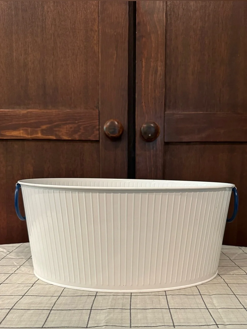 Galvanized • white bucket • Navy blue handles